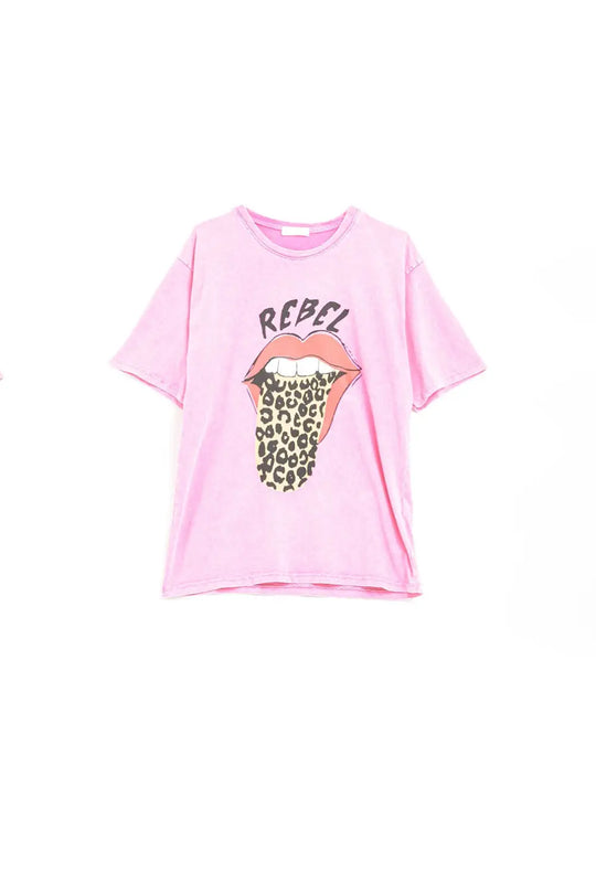 Pink Rebel Graphic Tee with Leopard Print Tongue - PINK / ONE - T-Shirts