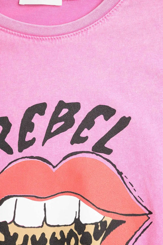 Pink Rebel Graphic Tee with Leopard Print Tongue - PINK / ONE - T-Shirts
