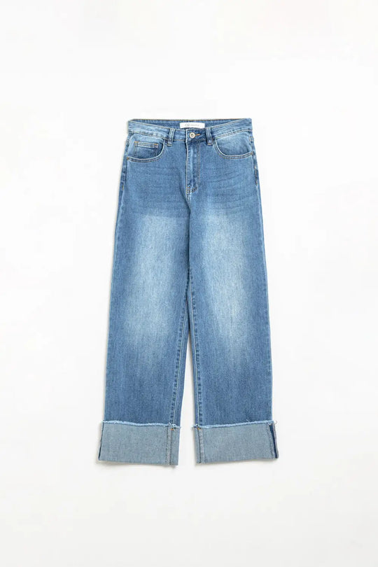 medium wash straight fit on cuffed hem jeans