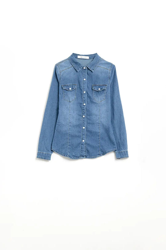 Fitted Stretch Denim Shirt With Chest Pockets - Shirts
