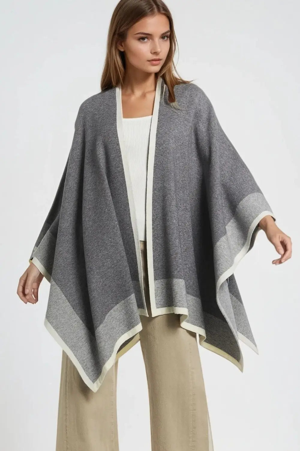 Knitted poncho in grey with ecru trim - GRAY / ONE - Cardigans