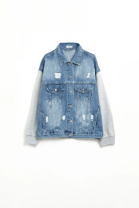 Denim Jacket with Jogging Fabric Sleeves - Jackets