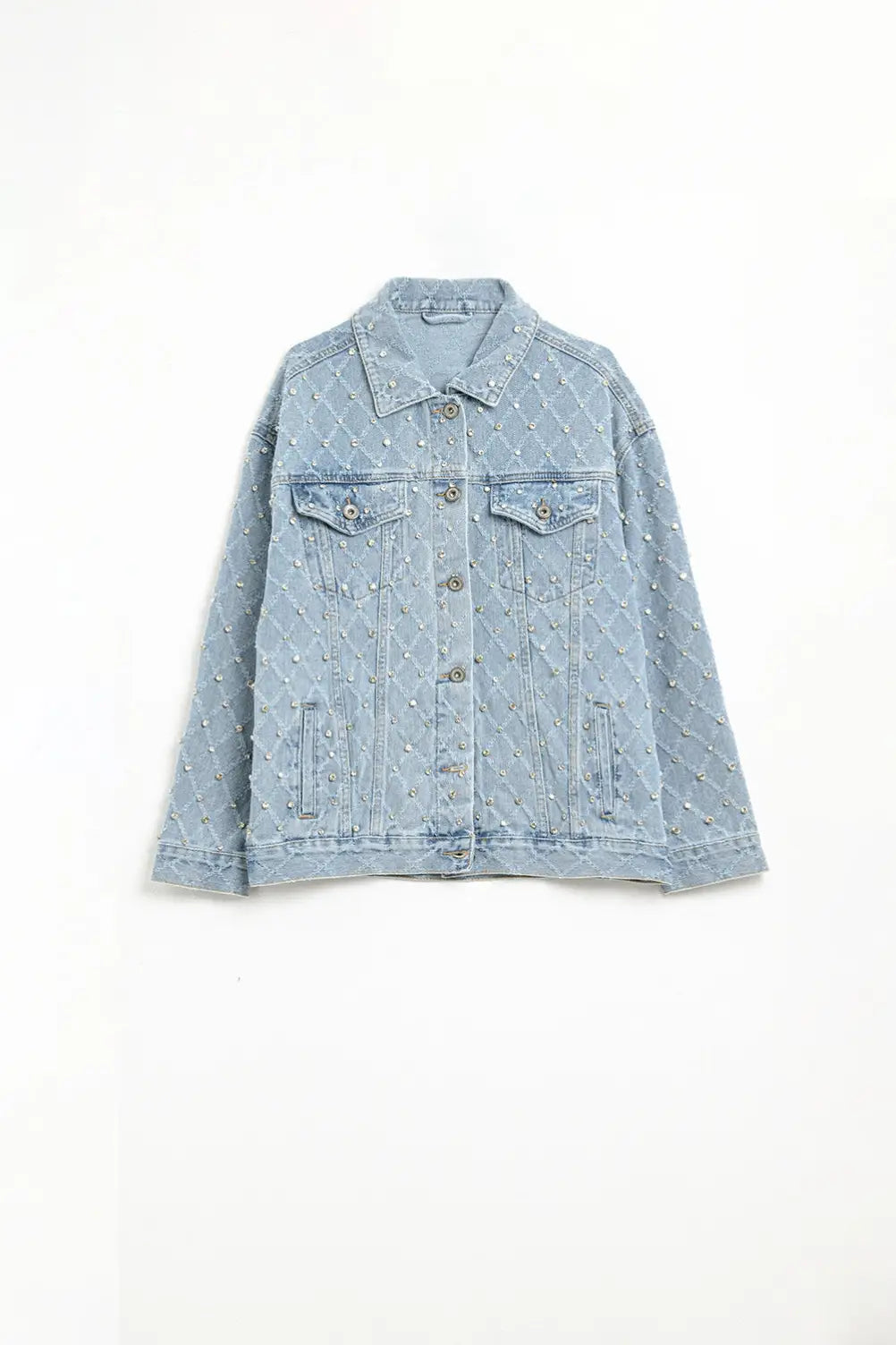 Wide denim jacket with rhinestones in a diamond pattern - Jackets