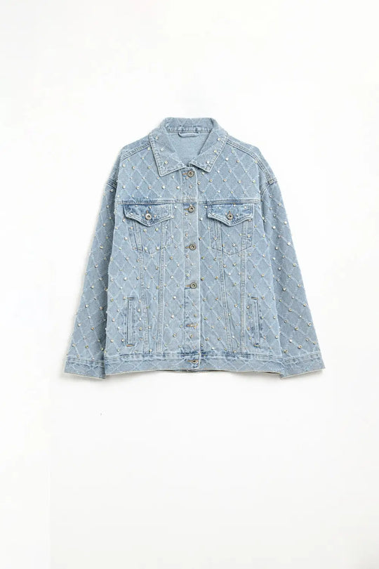 Wide denim jacket with rhinestones in a diamond pattern - Jackets