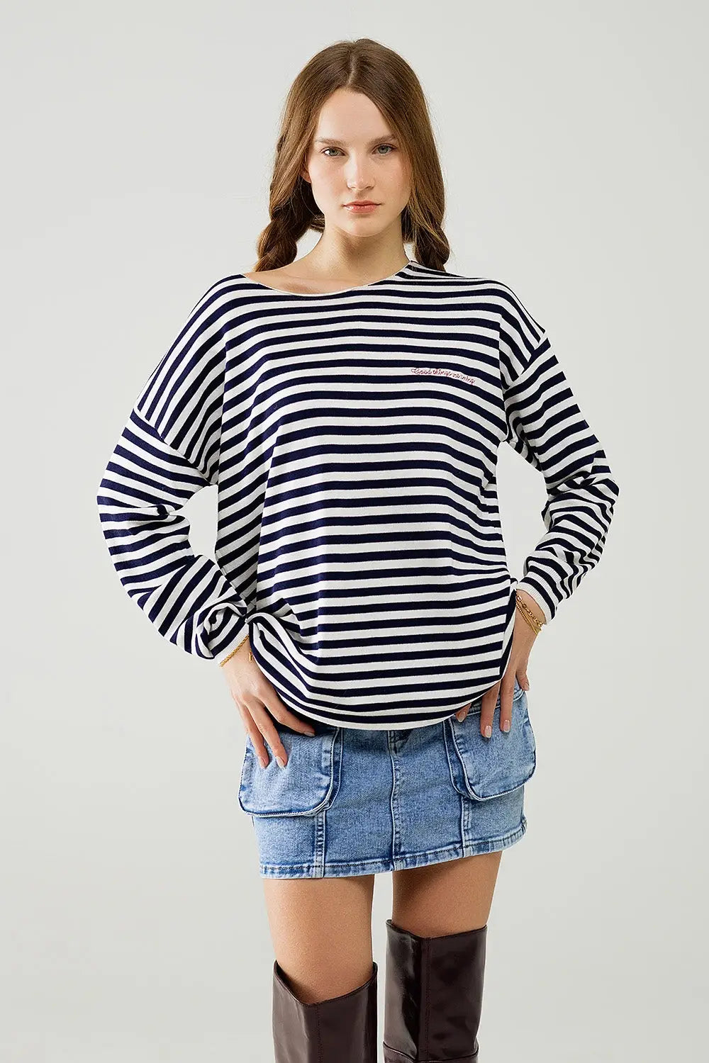 navy blue striped fine knit sweater with boat neck - Sweaters