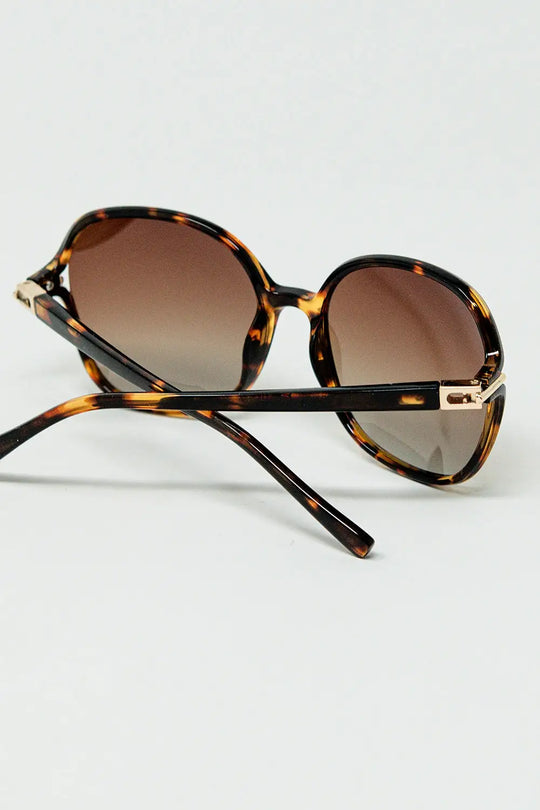 Round beige printed sunglasses with gold metal detail - BROWN / ONE - Sunglasses