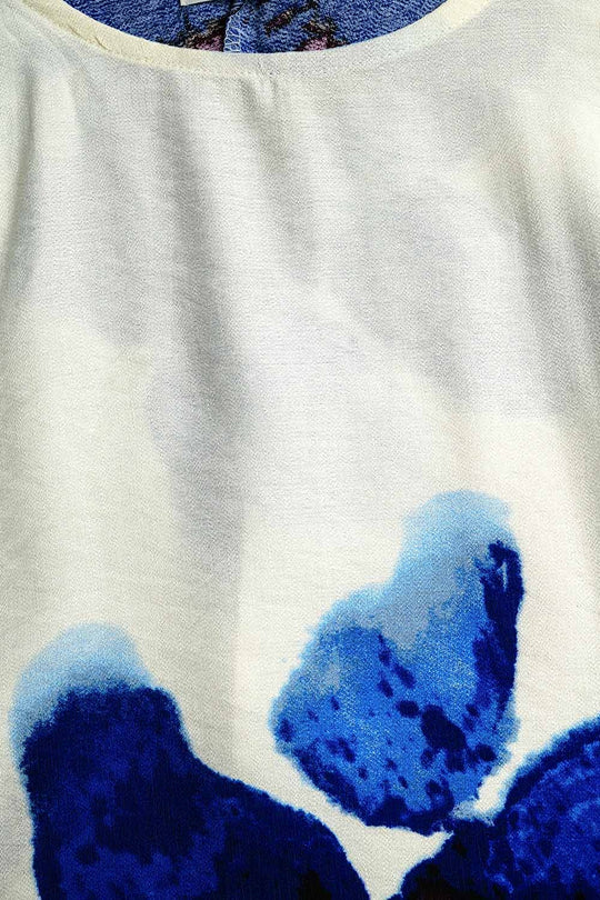 Cropped white Blouse With Tropical Floral Print in Blue