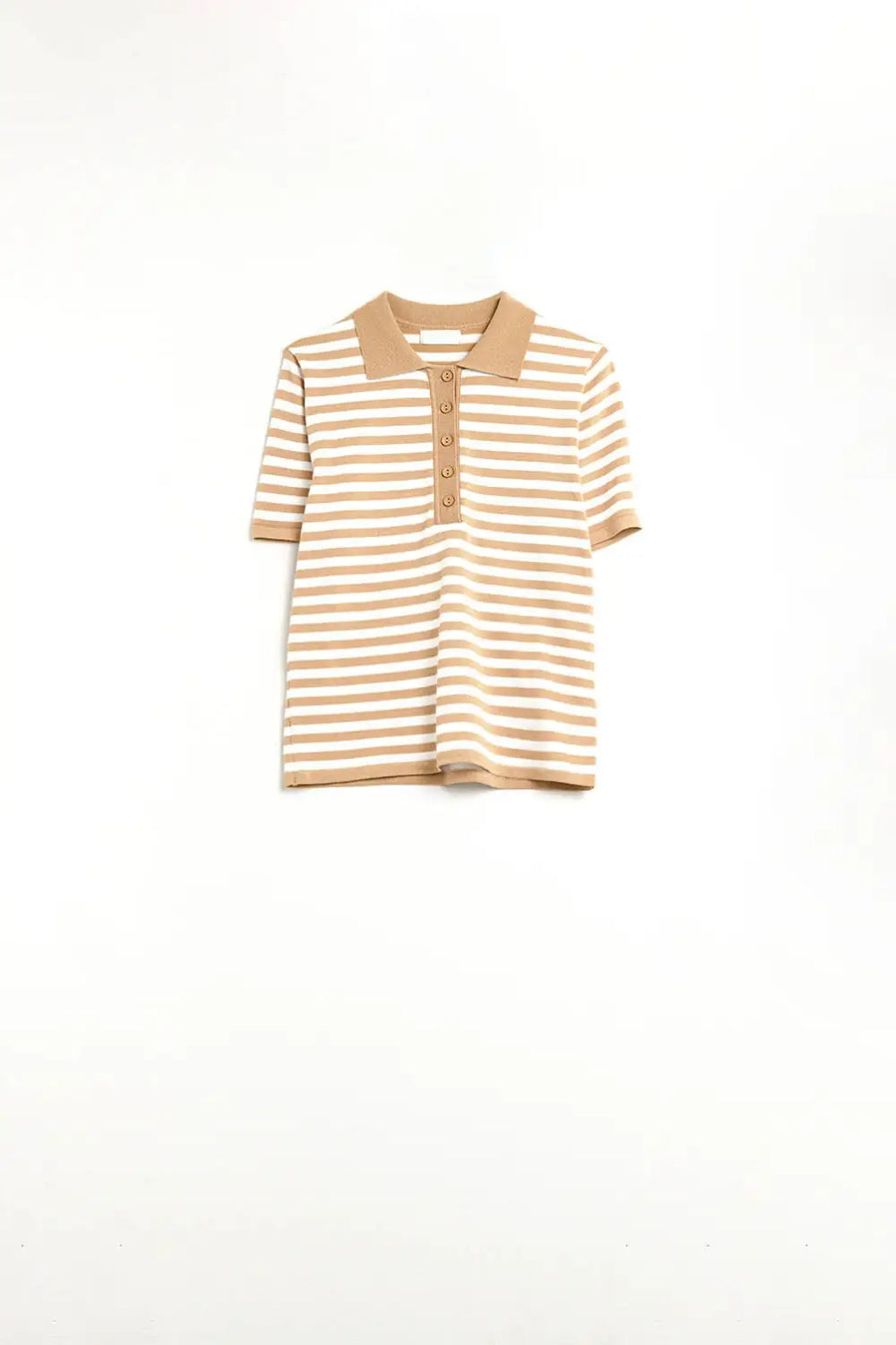 beige and White Striped Knitted Polo T-shirt - Sweaters
