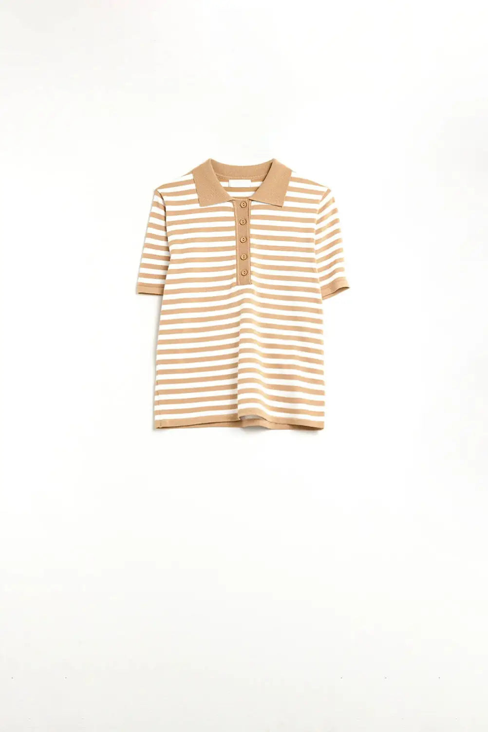 beige and White Striped Knitted Polo T-shirt - Sweaters