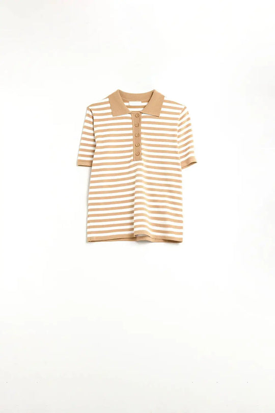beige and White Striped Knitted Polo T-shirt - Sweaters