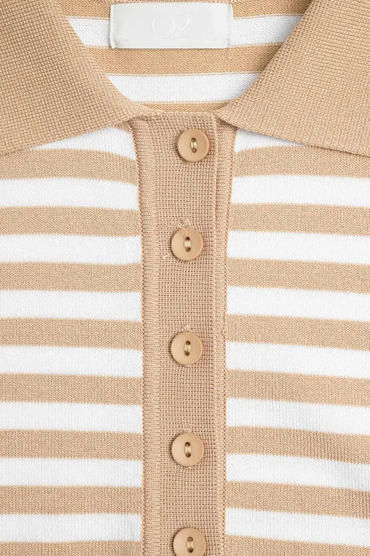 beige and White Striped Knitted Polo T-shirt - Sweaters