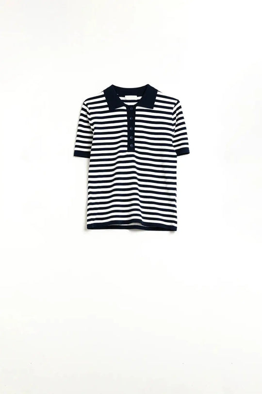 navy and White Striped Knitted Polo T-shirt - Sweaters