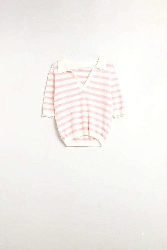 White Crop knitted polo Top with Pink Stripes - Sweaters