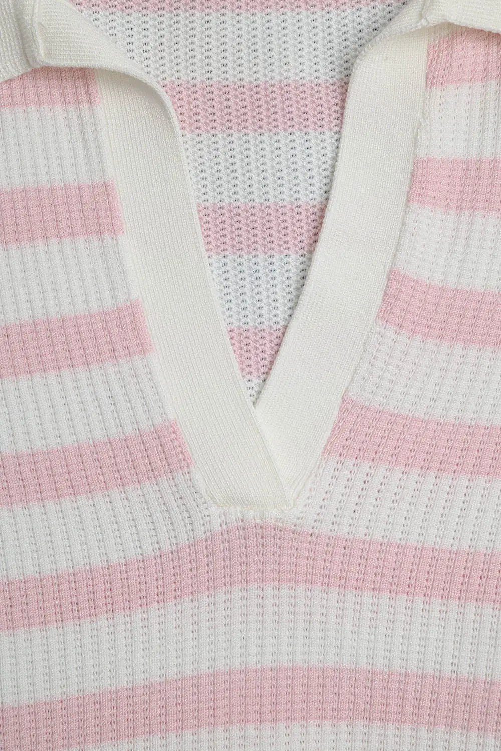 White Crop knitted polo Top with Pink Stripes - Sweaters