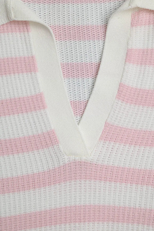 White Crop knitted polo Top with Pink Stripes - Sweaters