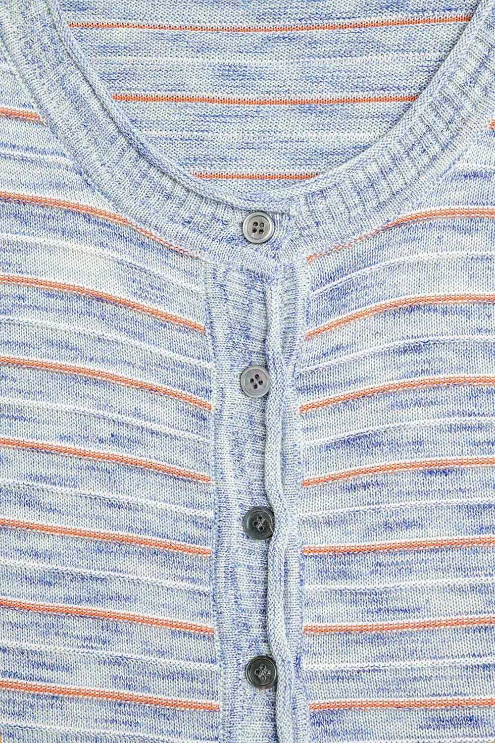 Buttoned Sweater In Blue Featuring Orange Stripes - Sweaters
