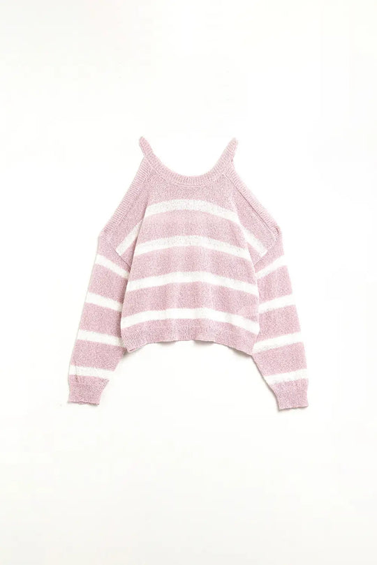 Heather Sweater With Open Shoulders and Horizontal Stripes in Pink - Sweaters