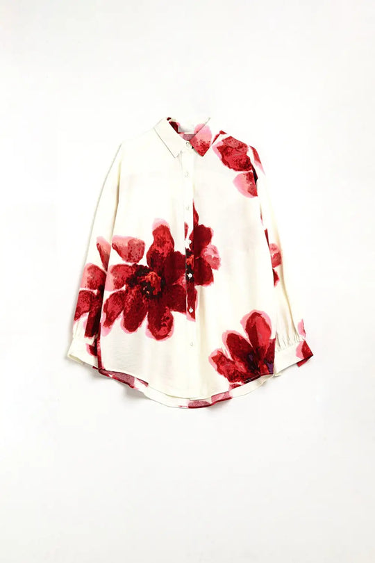 Relaxed Shirt in Beige With Red Tropical Flower Print in Red - Shirts