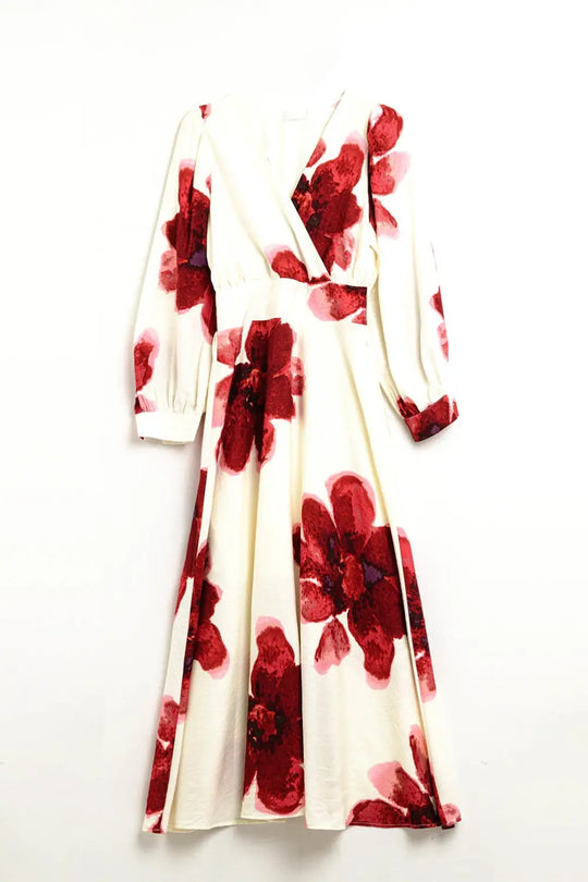Beige wrap midi dress with red tropical floral print and long sleeves - Dresses