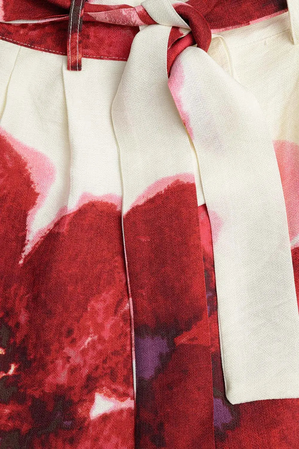 Beige Palazzo Pants With Red Tropial Flower Print and Matching Belt - Pants