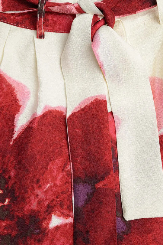 Beige Palazzo Pants With Red Tropial Flower Print and Matching Belt - Pants