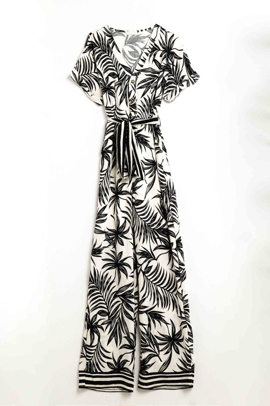Tropical Motif Short Sleeve Jumpsuit in black and white
