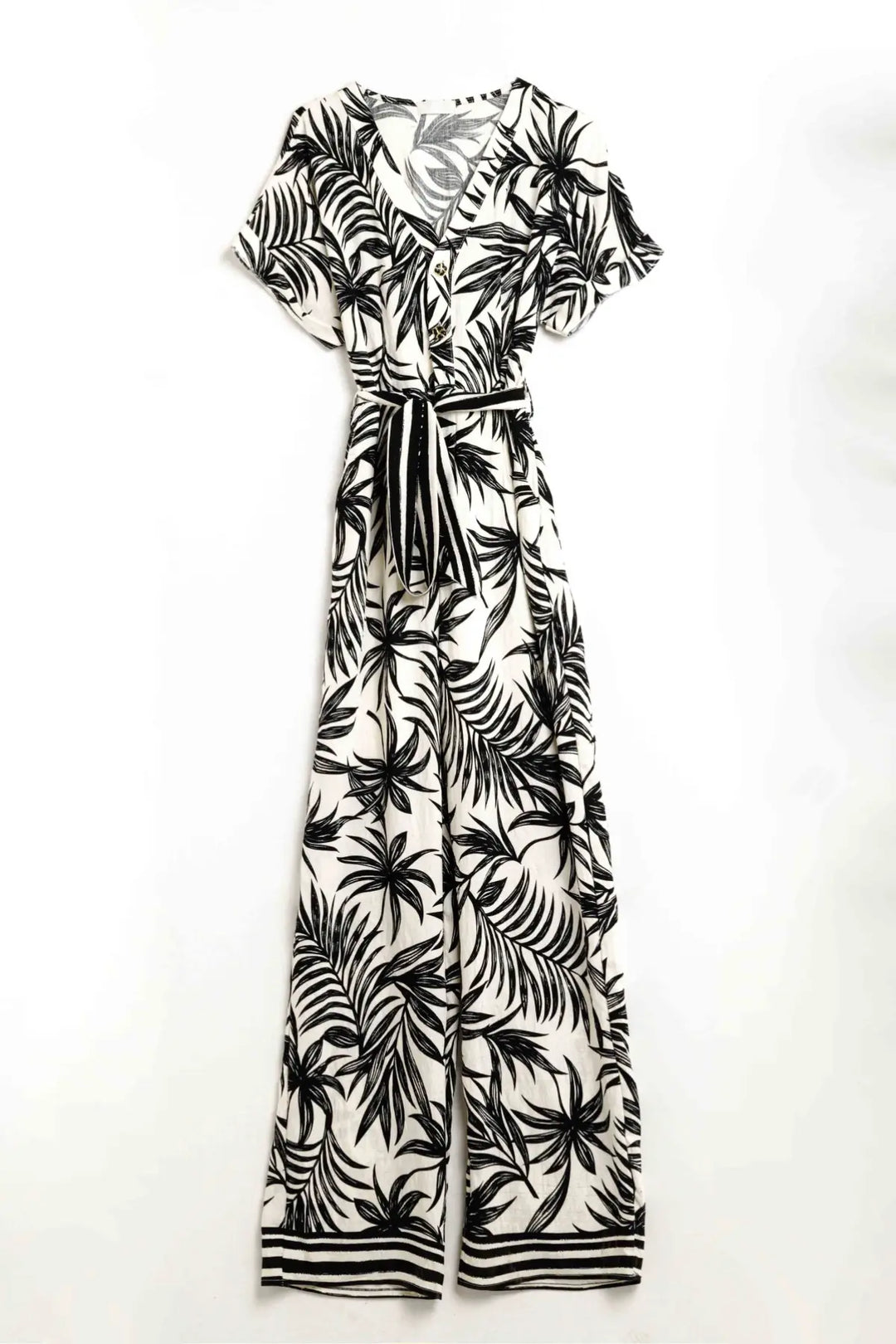 Tropical Motif Short Sleeve Jumpsuit in black and white - Jumpsuits