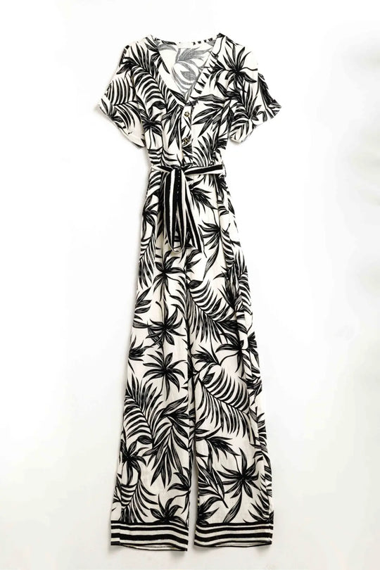 Tropical Motif Short Sleeve Jumpsuit in black and white - Jumpsuits