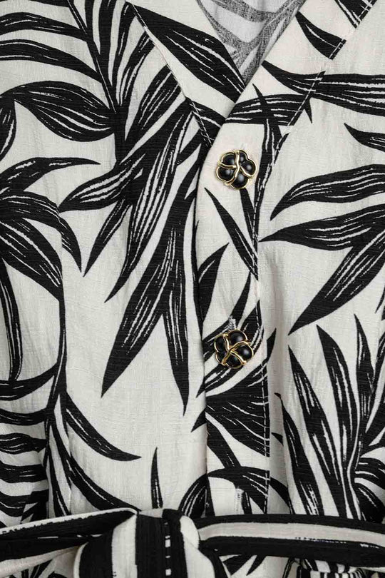 Tropical Motif Short Sleeve Jumpsuit in black and white
