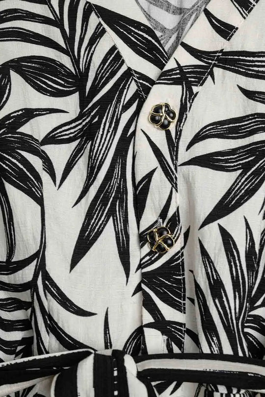 Tropical Motif Short Sleeve Jumpsuit in black and white - Jumpsuits