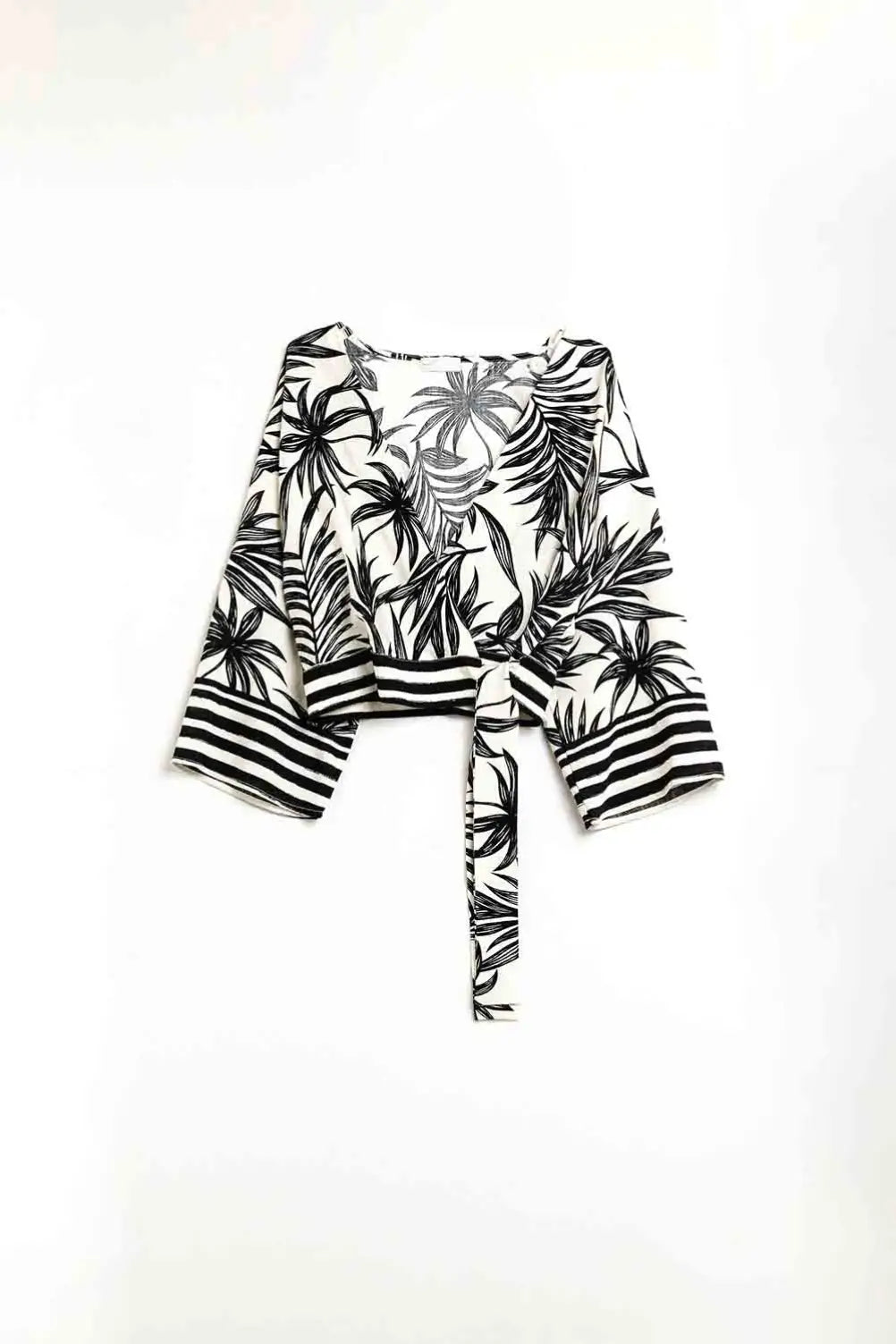 Cropped Top In White With Tropical Motif in Black - Shirts