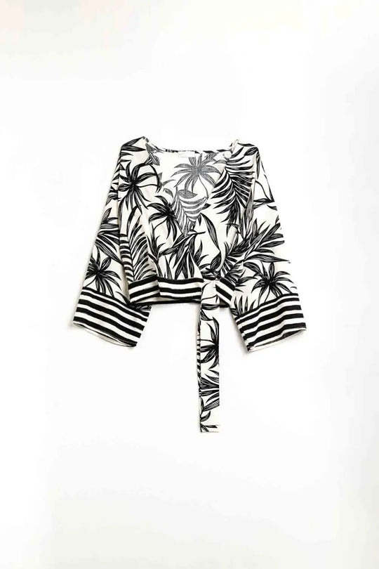 Cropped Top In White With Tropical Motif in Black - Shirts