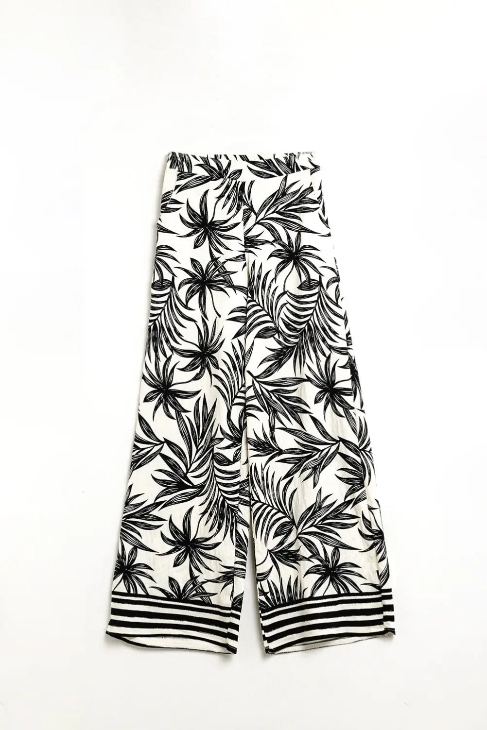 Wide Leg Pants In White With Floral Detail In Black - Pants