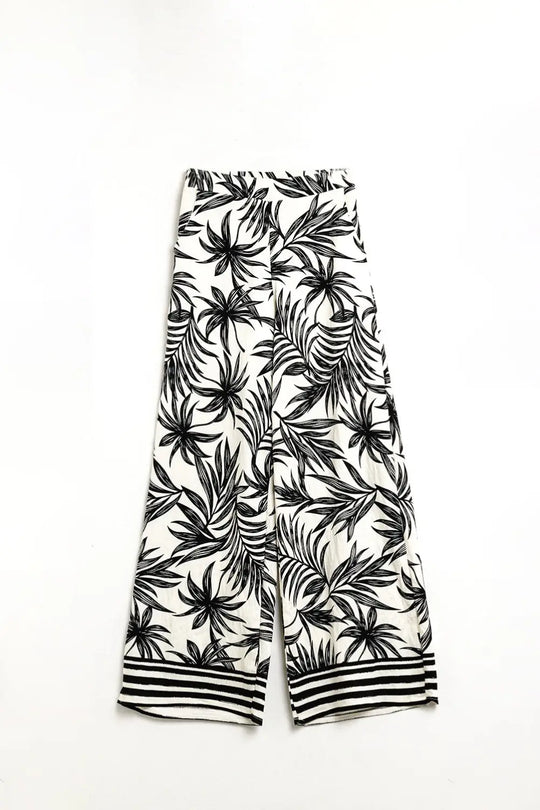 Wide Leg Pants In White With Floral Detail In Black - Pants
