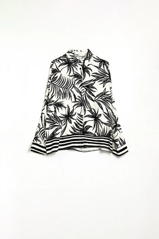 Tropical Motif Relaxed Blouse in Black and White - Shirts