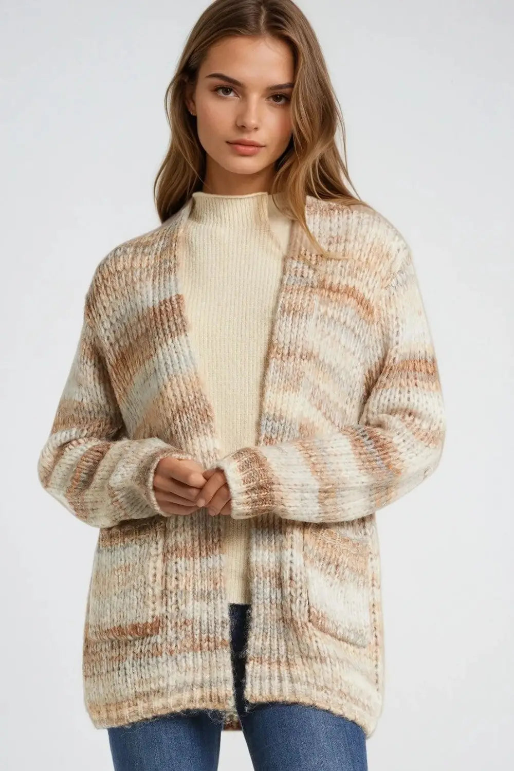 Oversized mottled striped long cardigan with pockets - BEIGE / ONE - Sweaters