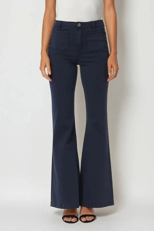 Navy Skinny Flared Jeans With Front Pocket Detail - Pants