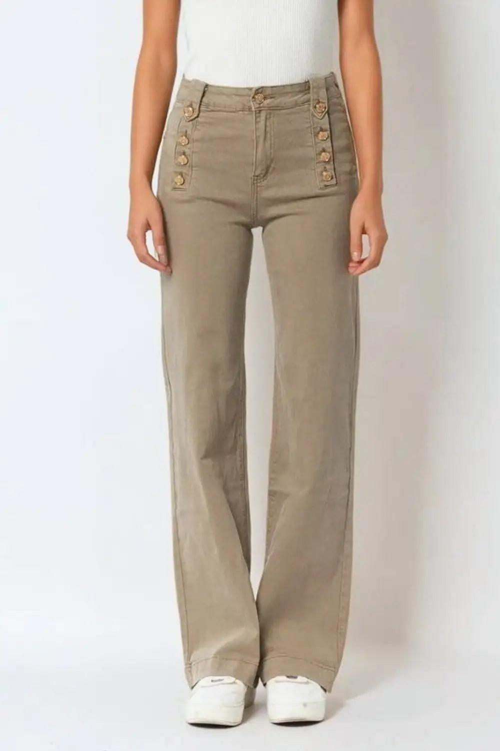 Straight Jeans With Gold Buttons At the Side in beige - Pants