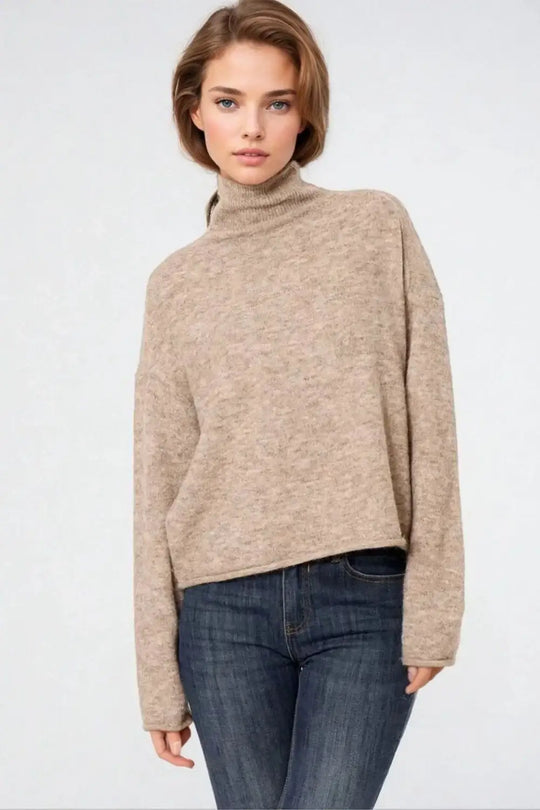 Beige fluffy high neck relax fit sweater - BEIGE / ONE - Sweaters