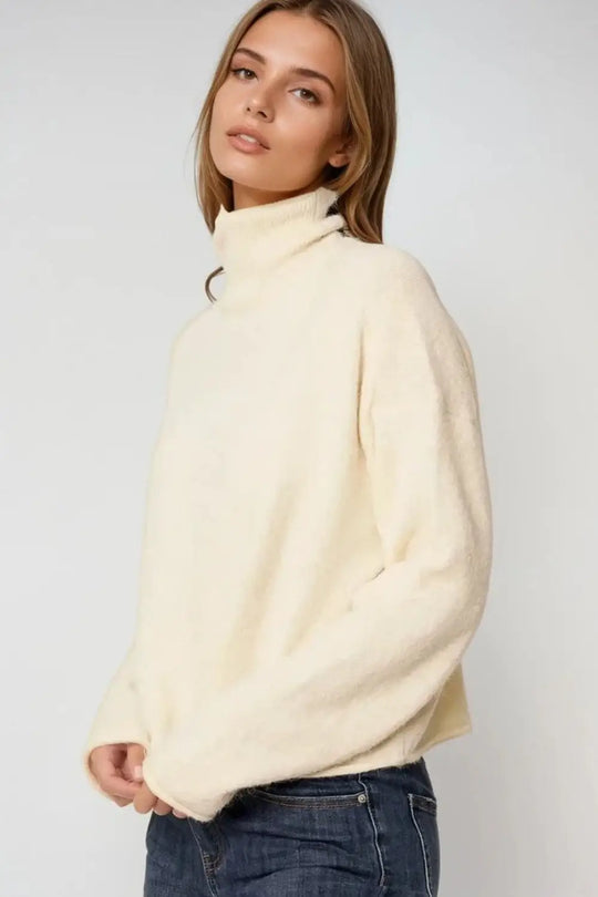 cream fluffy high neck relax fit sweater - CREAM / ONE - Sweaters