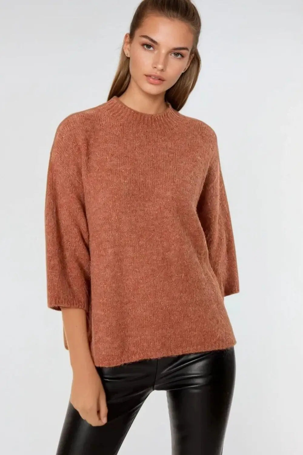 Relaxed sweater with french sleeve and crewneck in camel - Sweaters