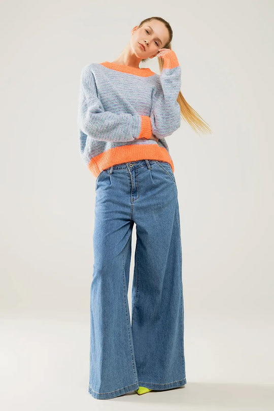 light wash extra wide leg jeans with pleats