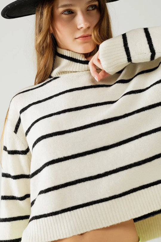 Cream striped sweater in black with high neck - Sweaters