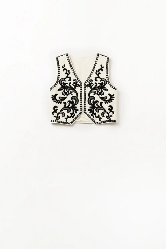 White Vest with Black Baroque embroidered - Jackets Tops