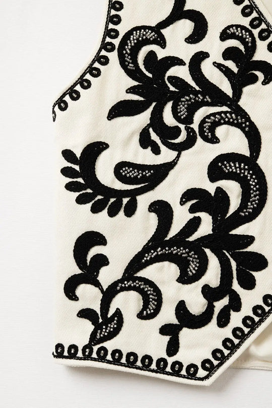 White Vest with Black Baroque embroidered - Jackets Tops