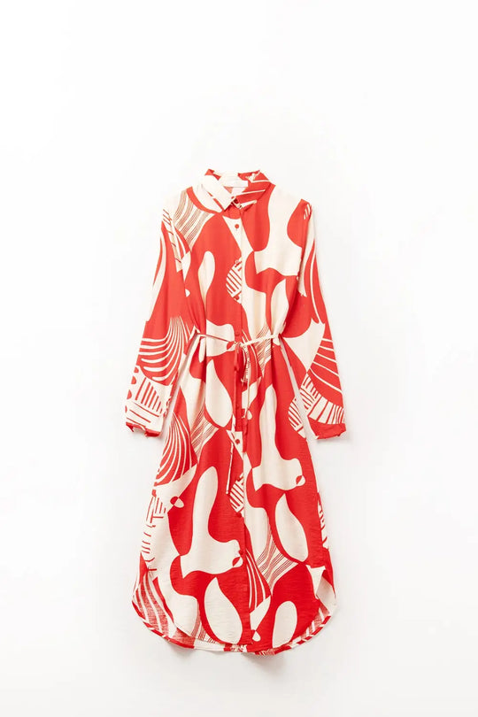 abstract print button-down dress in red - Dresses