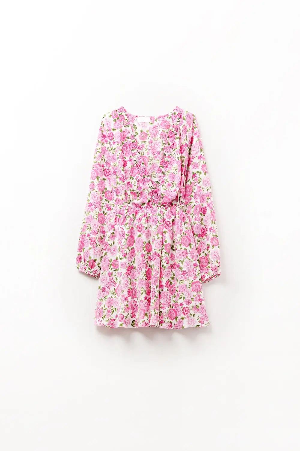 Floral V-Neck Dress with Pink Blooms and Green Accents - Dresses