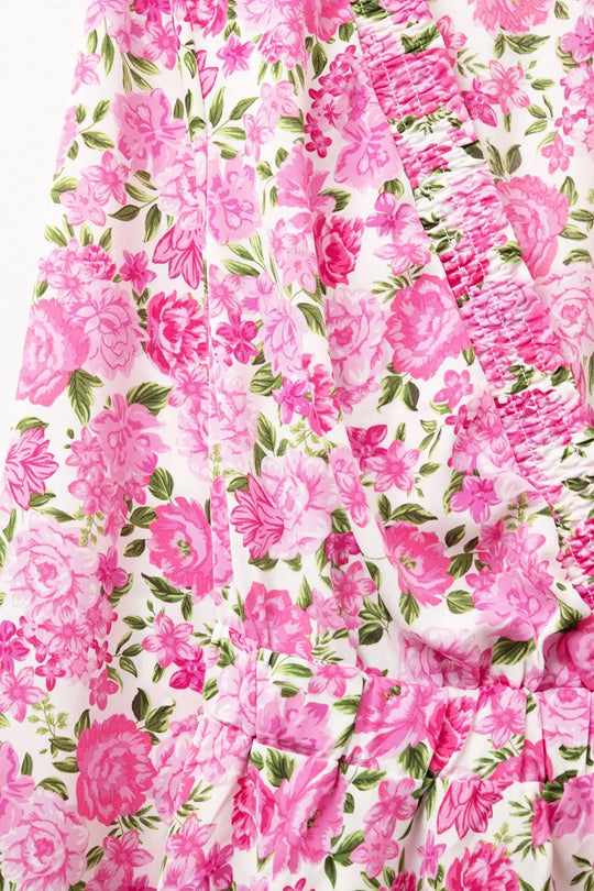 Floral V-Neck Dress with Pink Blooms and Green Accents - Dresses