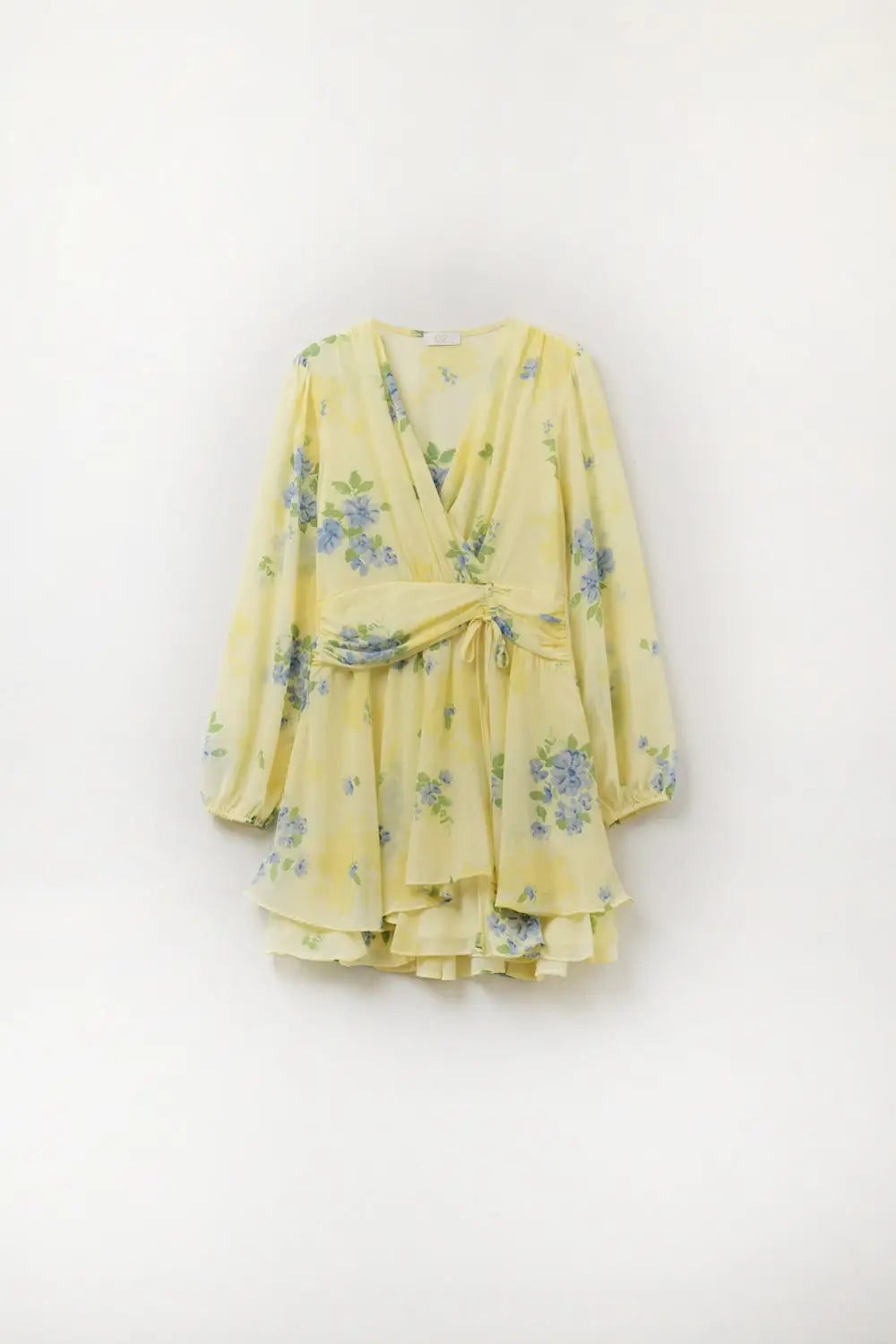 Butter yellow spring mini dress with ruched design - Dresses