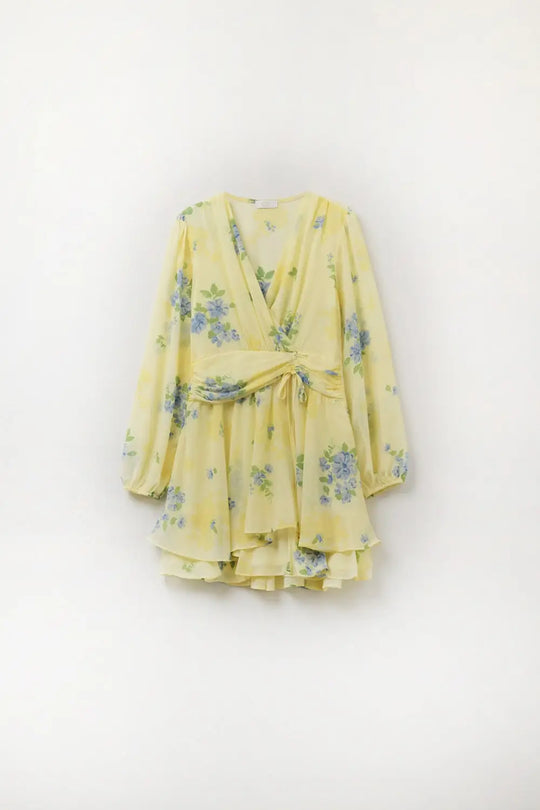 Butter yellow spring mini dress with ruched design - Dresses